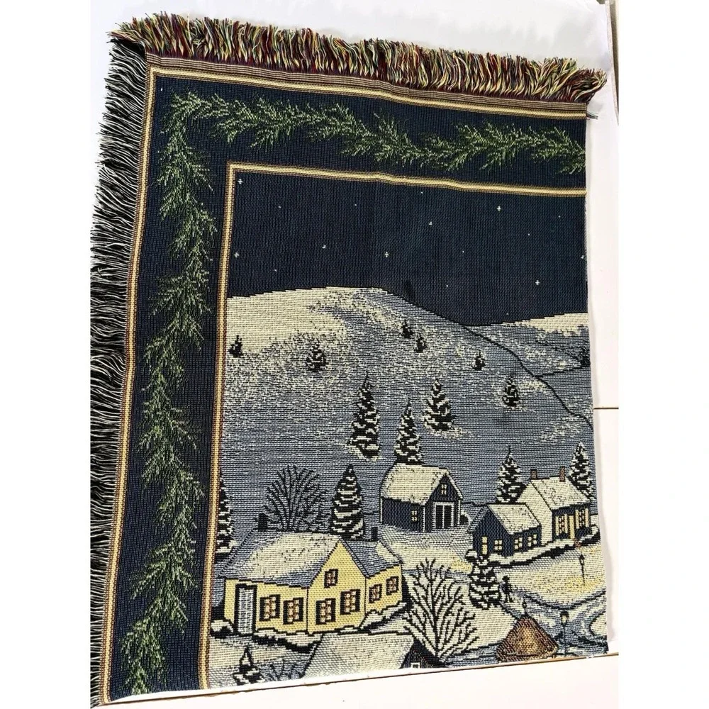 vintage Mohawk Home Winter Village Tapestry Throw Blanket Made In USA